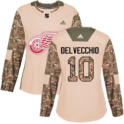 Women's Adidas Detroit Red Wings #10 Alex Delvecchio Authentic Camo Veterans Day Practice NHL Jersey