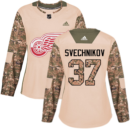 Women's Adidas Detroit Red Wings #37 Evgeny Svechnikov Authentic Camo Veterans Day Practice NHL Jersey