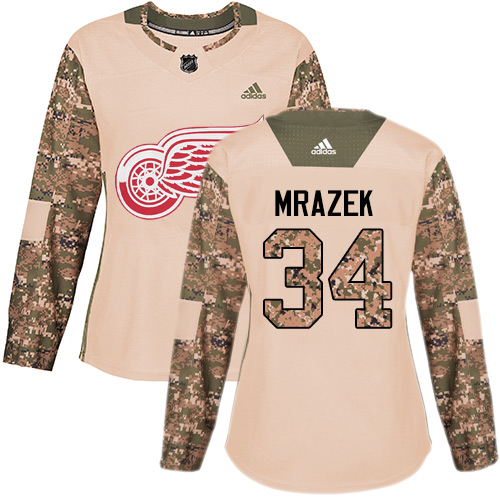 Women's Adidas Detroit Red Wings #34 Petr Mrazek Authentic Camo Veterans Day Practice NHL Jersey