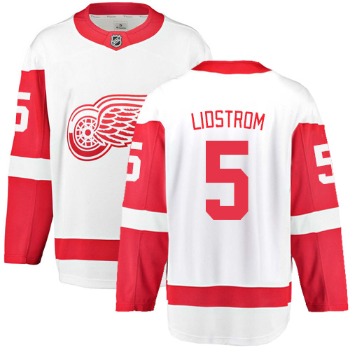 Men's Detroit Red Wings #5 Nicklas Lidstrom Authentic White Away Fanatics Branded Breakaway NHL Jersey