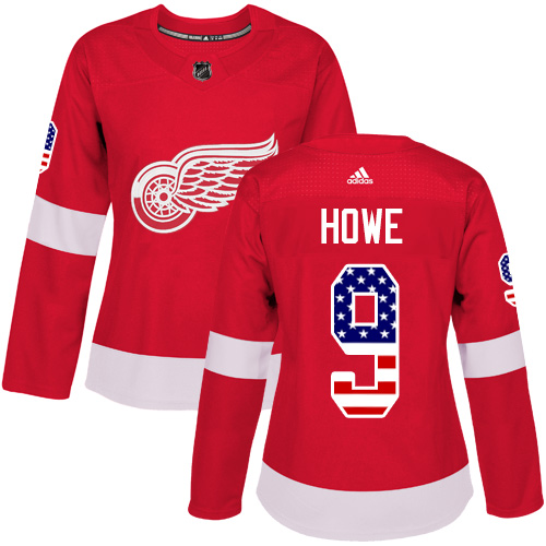 Women's Adidas Detroit Red Wings #9 Gordie Howe Authentic Red USA Flag Fashion NHL Jersey