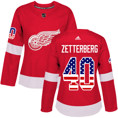 Women's Adidas Detroit Red Wings #40 Henrik Zetterberg Authentic Red USA Flag Fashion NHL Jersey
