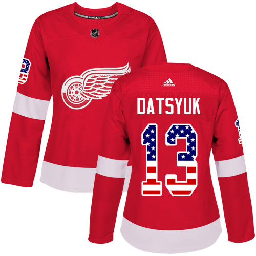 Women's Adidas Detroit Red Wings #13 Pavel Datsyuk Authentic Red USA Flag Fashion NHL Jersey
