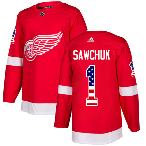 Men's Adidas Detroit Red Wings #1 Terry Sawchuk Authentic Red USA Flag Fashion NHL Jersey