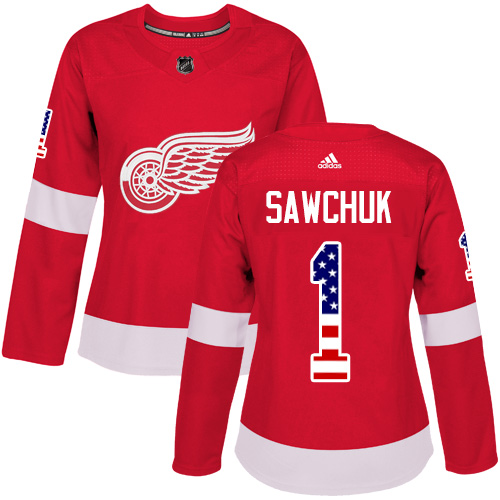 Women's Adidas Detroit Red Wings #1 Terry Sawchuk Authentic Red USA Flag Fashion NHL Jersey