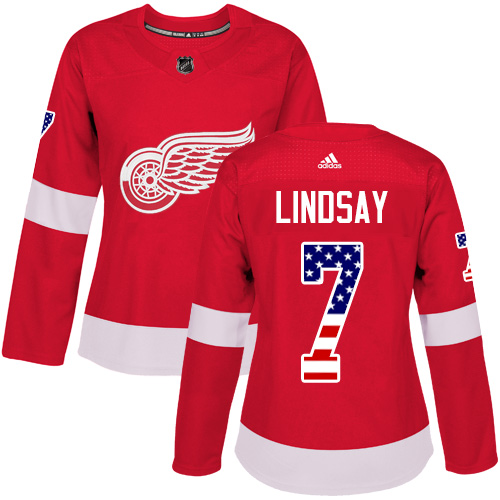 Women's Adidas Detroit Red Wings #7 Ted Lindsay Authentic Red USA Flag Fashion NHL Jersey