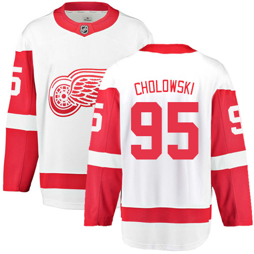 Youth Detroit Red Wings #95 Dennis Cholowski Authentic White Away Fanatics Branded Breakaway NHL Jersey