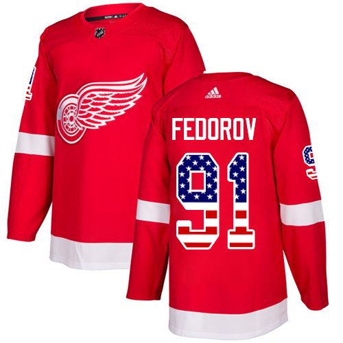 Men's Adidas Detroit Red Wings #91 Sergei Fedorov Authentic Red USA Flag Fashion NHL Jersey