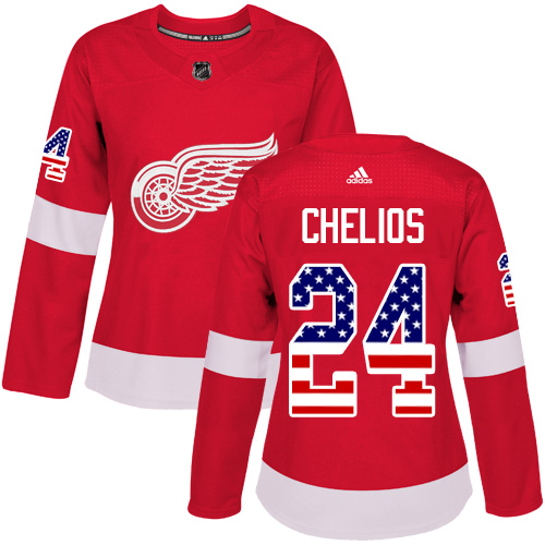Women's Adidas Detroit Red Wings #24 Chris Chelios Authentic Red USA Flag Fashion NHL Jersey