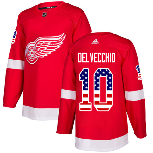 Men's Adidas Detroit Red Wings #10 Alex Delvecchio Authentic Red USA Flag Fashion NHL Jersey