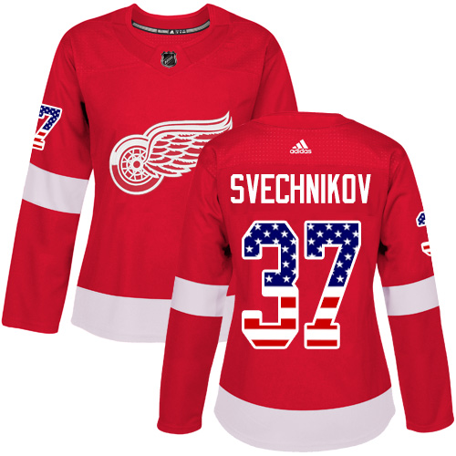 Women's Adidas Detroit Red Wings #37 Evgeny Svechnikov Authentic Red USA Flag Fashion NHL Jersey
