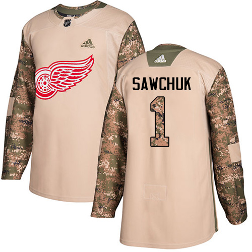 Men's Adidas Detroit Red Wings #1 Terry Sawchuk Authentic Camo Veterans Day Practice NHL Jersey