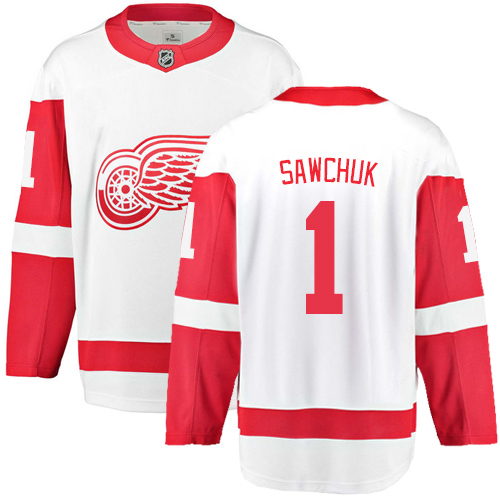 Men's Detroit Red Wings #1 Terry Sawchuk Authentic White Away Fanatics Branded Breakaway NHL Jersey