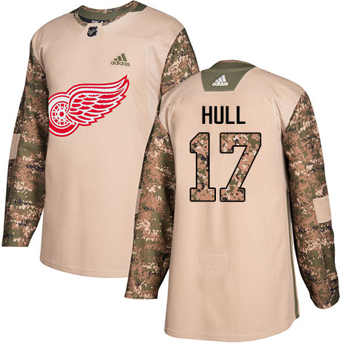 Men's Adidas Detroit Red Wings #17 Brett Hull Authentic Camo Veterans Day Practice NHL Jersey