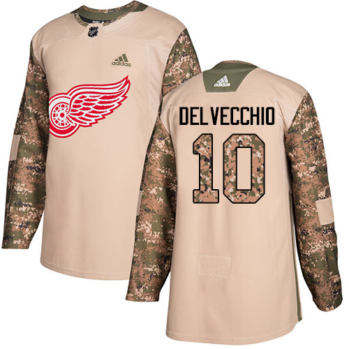 Men's Adidas Detroit Red Wings #10 Alex Delvecchio Authentic Camo Veterans Day Practice NHL Jersey