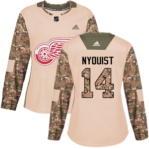 Women's Adidas Detroit Red Wings #14 Gustav Nyquist Authentic Camo Veterans Day Practice NHL Jersey