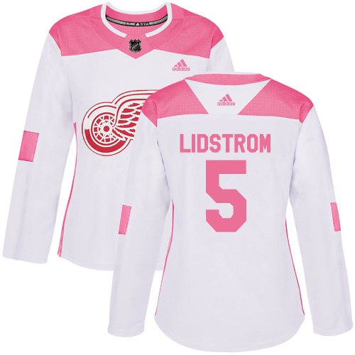 Women's Adidas Detroit Red Wings #5 Nicklas Lidstrom Authentic White/Pink Fashion NHL Jersey
