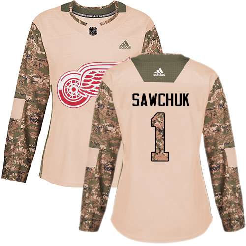Women's Adidas Detroit Red Wings #1 Terry Sawchuk Authentic Camo Veterans Day Practice NHL Jersey