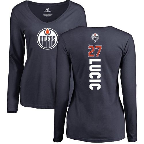 NHL Women's Adidas Edmonton Oilers #27 Milan Lucic Navy Blue Backer Slim Fit Long Sleeve T-Shirt