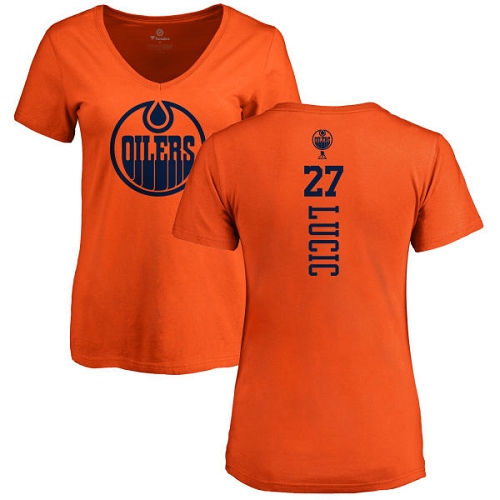 NHL Women's Adidas Edmonton Oilers #27 Milan Lucic Orange One Color Backer Slim Fit V-Neck T-Shirt