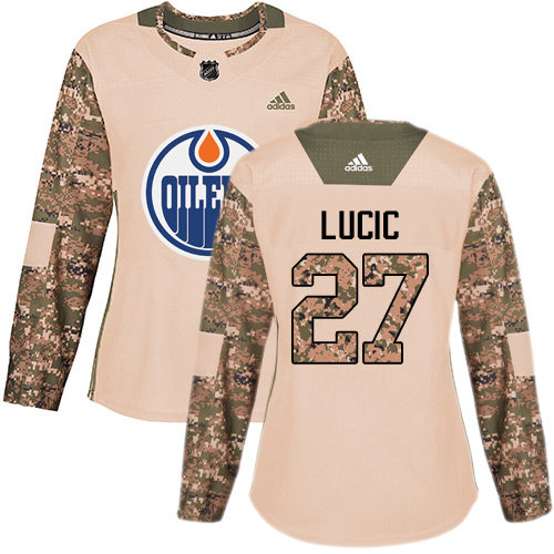 Women's Adidas Edmonton Oilers #27 Milan Lucic Authentic Camo Veterans Day Practice NHL Jersey