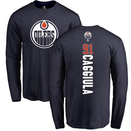 NHL Adidas Edmonton Oilers #91 Drake Caggiula Navy Blue Backer Long Sleeve T-Shirt