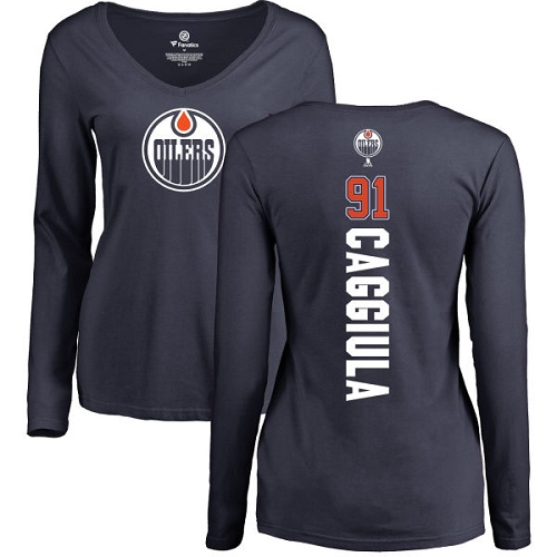 NHL Women's Adidas Edmonton Oilers #91 Drake Caggiula Navy Blue Backer Slim Fit Long Sleeve T-Shirt