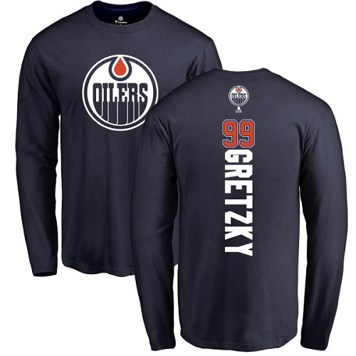 NHL Adidas Edmonton Oilers #99 Wayne Gretzky Navy Blue Backer Long Sleeve T-Shirt