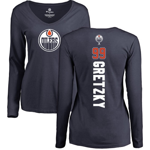 NHL Women's Adidas Edmonton Oilers #99 Wayne Gretzky Navy Blue Backer Slim Fit Long Sleeve T-Shirt