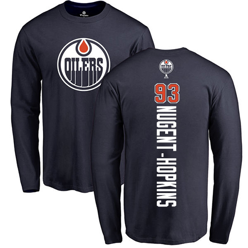 NHL Adidas Edmonton Oilers #93 Ryan Nugent-Hopkins Navy Blue Backer Long Sleeve T-Shirt