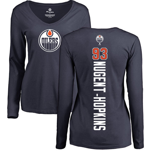 NHL Women's Adidas Edmonton Oilers #93 Ryan Nugent-Hopkins Navy Blue Backer Slim Fit Long Sleeve T-Shirt