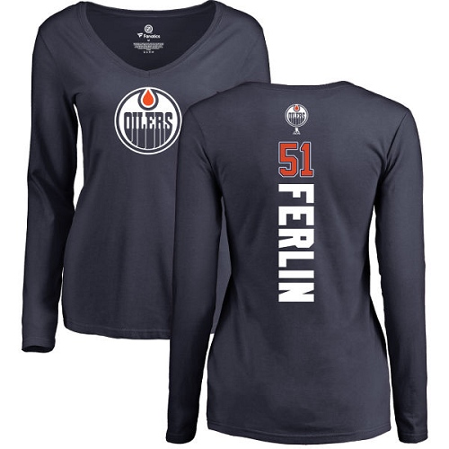 NHL Women's Adidas Edmonton Oilers #51 Brian Ferlin Navy Blue Backer Slim Fit Long Sleeve T-Shirt