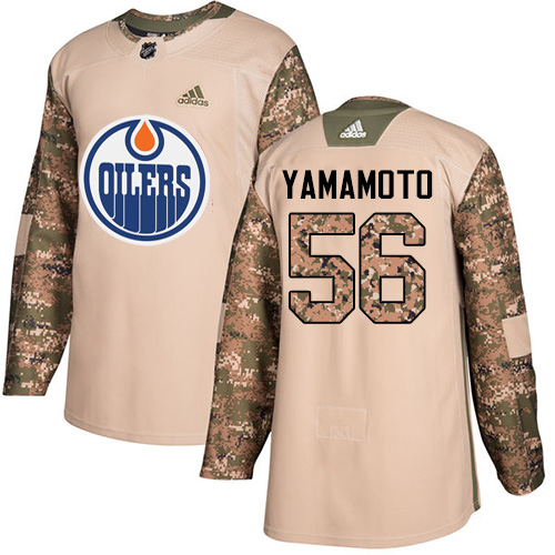 Men's Adidas Edmonton Oilers #56 Kailer Yamamoto Authentic Camo Veterans Day Practice NHL Jersey