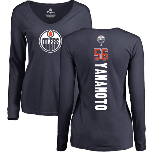 NHL Women's Adidas Edmonton Oilers #56 Kailer Yamamoto Navy Blue Backer Slim Fit Long Sleeve T-Shirt