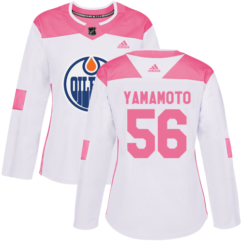 Women's Adidas Edmonton Oilers #56 Kailer Yamamoto Authentic White/Pink Fashion NHL Jersey