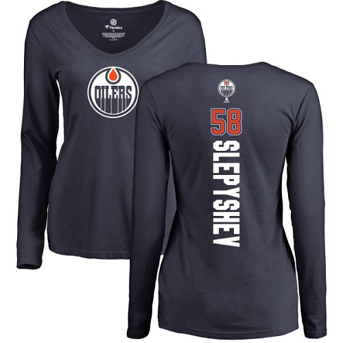 NHL Women's Adidas Edmonton Oilers #58 Anton Slepyshev Navy Blue Backer Slim Fit Long Sleeve T-Shirt