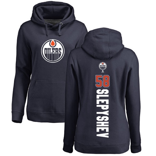 NHL Women's Adidas Edmonton Oilers #58 Anton Slepyshev Navy Blue Backer Pullover Hoodie