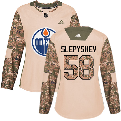Women's Adidas Edmonton Oilers #58 Anton Slepyshev Authentic Camo Veterans Day Practice NHL Jersey