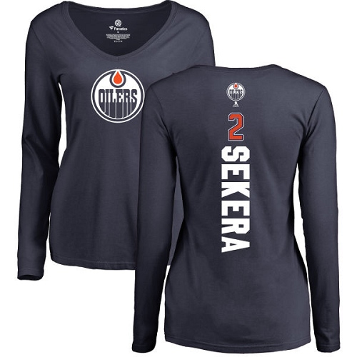 NHL Women's Adidas Edmonton Oilers #2 Andrej Sekera Navy Blue Backer Slim Fit Long Sleeve T-Shirt
