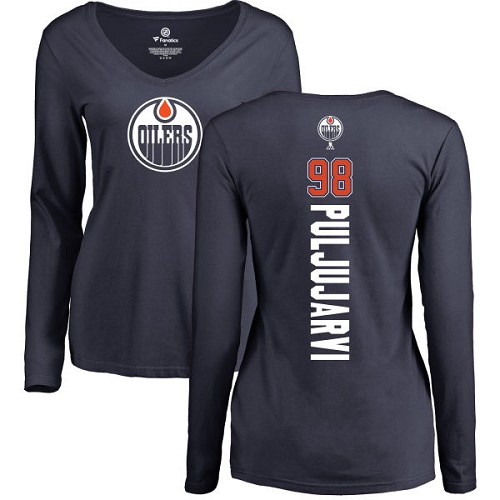NHL Women's Adidas Edmonton Oilers #98 Jesse Puljujarvi Navy Blue Backer Slim Fit Long Sleeve T-Shirt