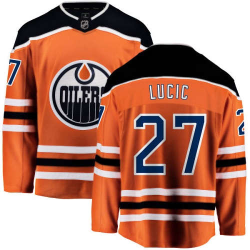 Youth Edmonton Oilers #27 Milan Lucic Authentic Orange Home Fanatics Branded Breakaway NHL Jersey