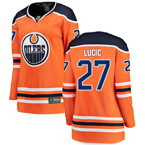 Women's Edmonton Oilers #27 Milan Lucic Authentic Orange Home Fanatics Branded Breakaway NHL Jersey