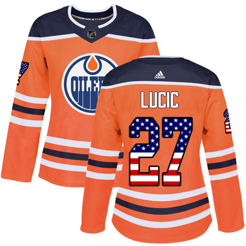 Women's Adidas Edmonton Oilers #27 Milan Lucic Authentic Orange USA Flag Fashion NHL Jersey