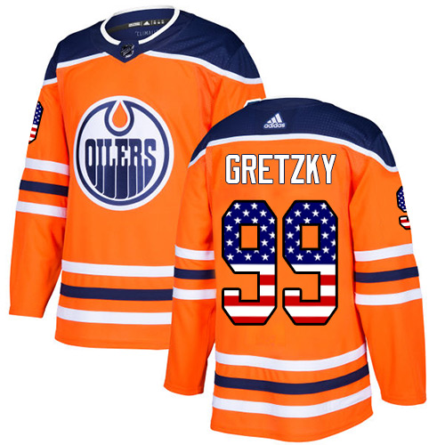 Men's Adidas Edmonton Oilers #99 Wayne Gretzky Authentic Orange USA Flag Fashion NHL Jersey