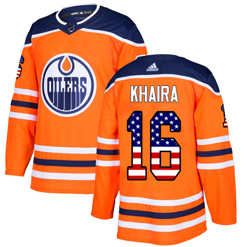 Men's Adidas Edmonton Oilers #16 Jujhar Khaira Authentic Orange USA Flag Fashion NHL Jersey