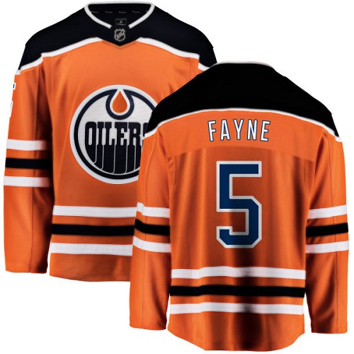 Men's Edmonton Oilers #5 Mark Fayne Authentic Orange Home Fanatics Branded Breakaway NHL Jersey