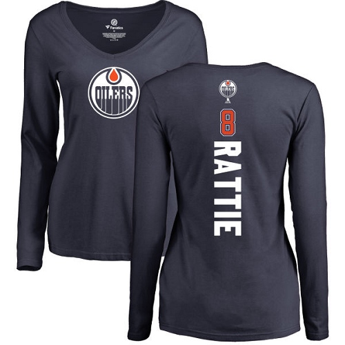 NHL Women's Adidas Edmonton Oilers #8 Ty Rattie Navy Blue Backer Slim Fit Long Sleeve T-Shirt