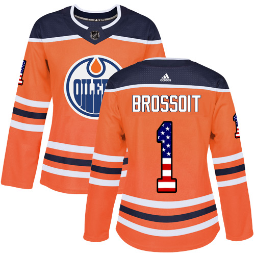 Women's Adidas Edmonton Oilers #1 Laurent Brossoit Authentic Orange USA Flag Fashion NHL Jersey