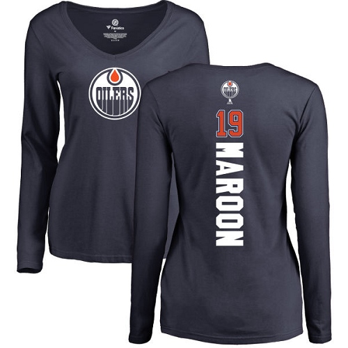 NHL Women's Adidas Edmonton Oilers #19 Patrick Maroon Navy Blue Backer Slim Fit Long Sleeve T-Shirt