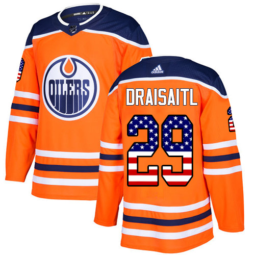 Men's Adidas Edmonton Oilers #29 Leon Draisaitl Authentic Orange USA Flag Fashion NHL Jersey